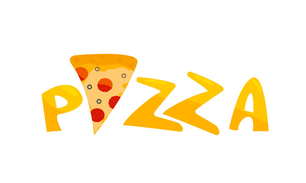 披萨签名用披萨片。用黄色书写单词。矢量隔离在白色背景上。图片下载