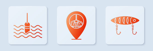 设置钓鱼位置，水中钓鱼浮子和鱼饵。白色正方形按钮。向量图片下载