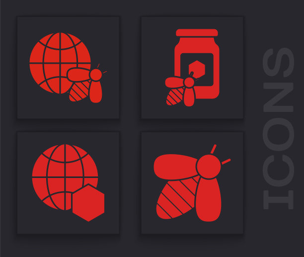 设置蜜蜂，蜂巢地图的世界和蜜蜂，蜂蜜罐与蜜蜂和蜂巢地图的世界图标。向量图片下载