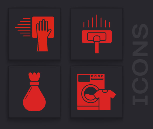 设置洗衣机和t恤，清洁服务，吸尘器和垃圾袋图标。向量图片下载