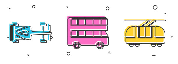 设置方程式赛车，双层巴士，有轨电车和铁路图标。向量图片下载