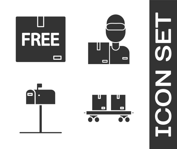 设置铁路车厢，纸箱与免费符号，打开邮箱和快递员与纸箱图标。向量图片下载