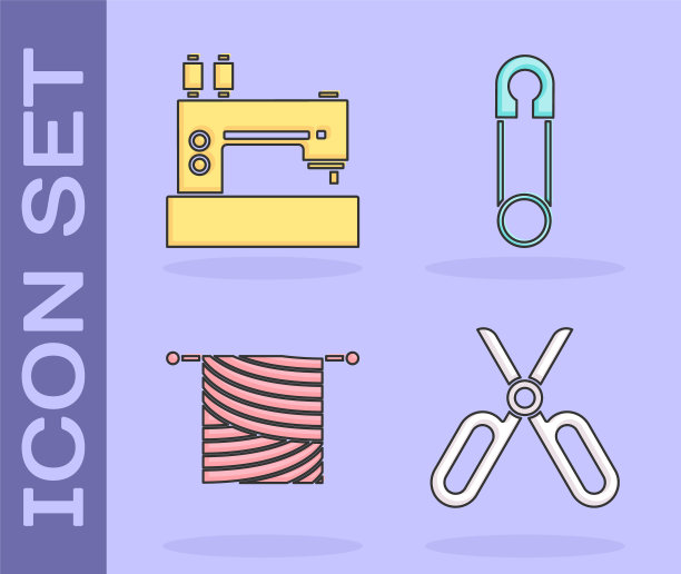 设置剪刀，缝纫机，针织和经典闭合钢安全别针图标。向量图片下载