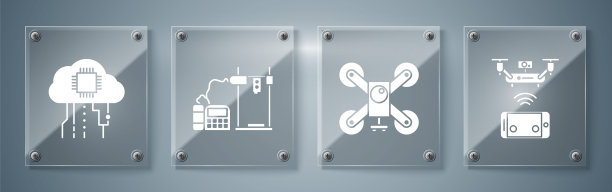 设置遥控无人机、带动作摄像头的无人机飞行、3D打印机、物联网方形玻璃面板。向量图片下载