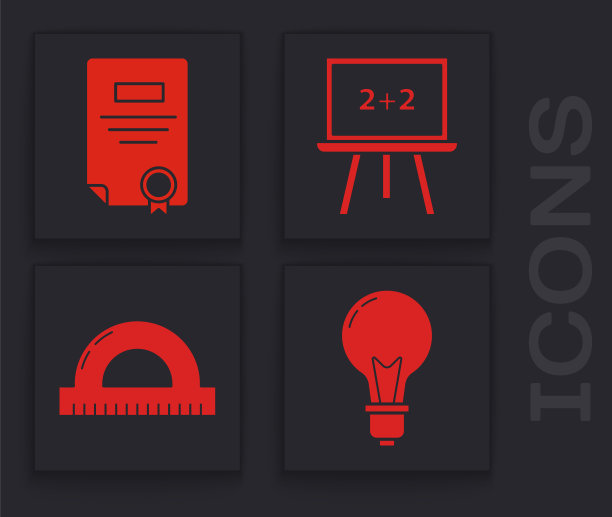 设置有概念概念的灯泡，证书模板，黑板和量角器网格测量角度图标。向量图片下载