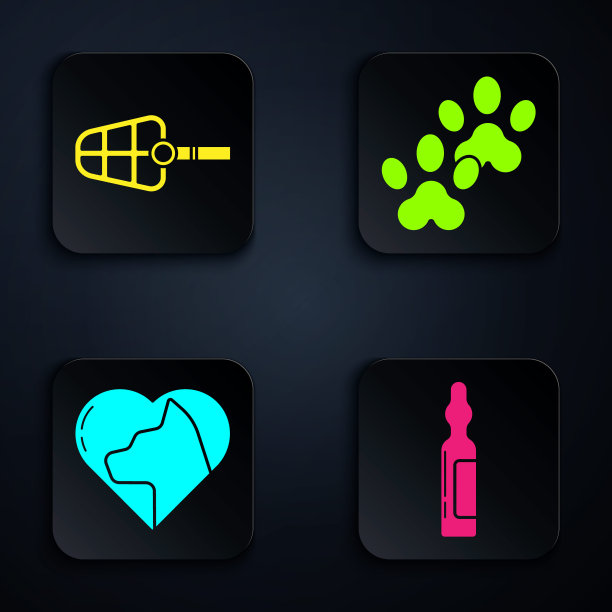 设置宠物药瓶，狗口套，心脏与猫和爪印。黑色方形按钮。向量图片下载
