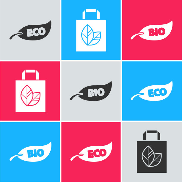 设置叶生态标志，纸质购物袋与回收和叶生物标志图标。向量图片下载
