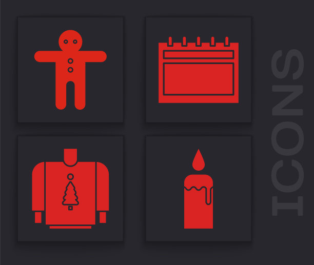 在烛台上设置燃烧的蜡烛，节日姜饼人饼干，日历和圣诞毛衣图标。向量图片下载