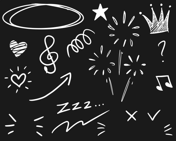 手绘的布景元素，黑色背景上的白色。箭，心，爱，语言泡泡，星星，叶子，太阳，光，对号，皇冠，国王，皇后，嗖嗖，嗖，强调，漩涡，概念。图片下载