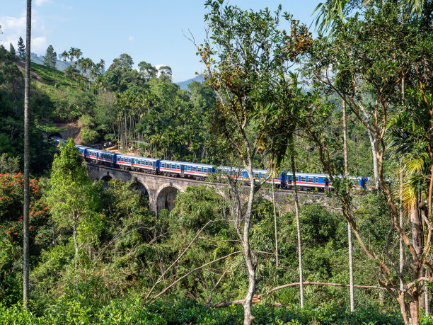 斯里兰卡日落时分的九拱桥和现代的蓝色火车图片下载