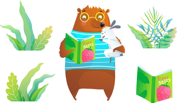 童话森林里的野生动物熊和兔子图片下载