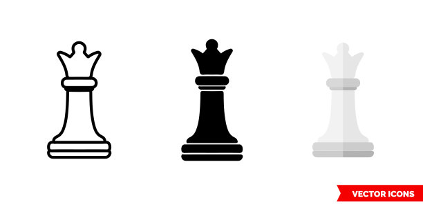 3种颜色（黑白、轮廓）的国际象棋后图标，独立矢量标志符号图片下载