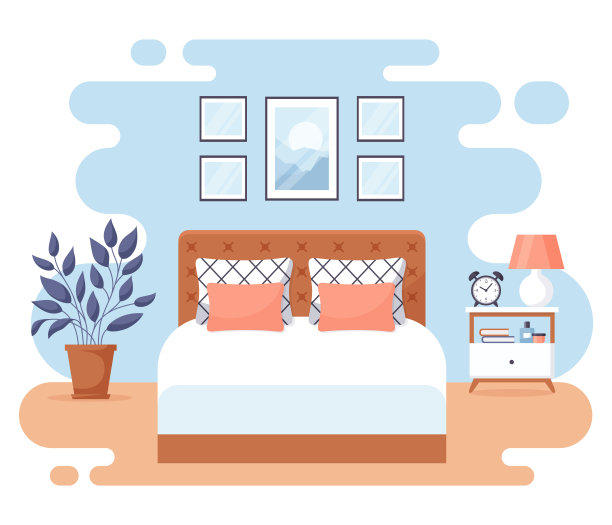 卧室插图在几何形状-床，两个床头柜和图片图片下载