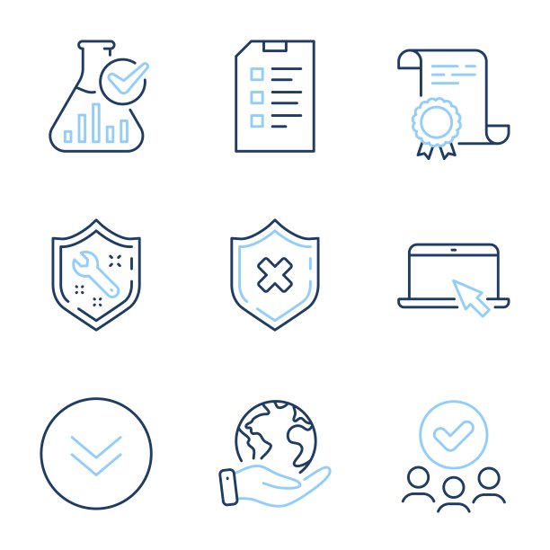 检查表，扳手和向下滚动图标设置。化学实验室，拒绝保护和便携式计算机标志。向量图片下载