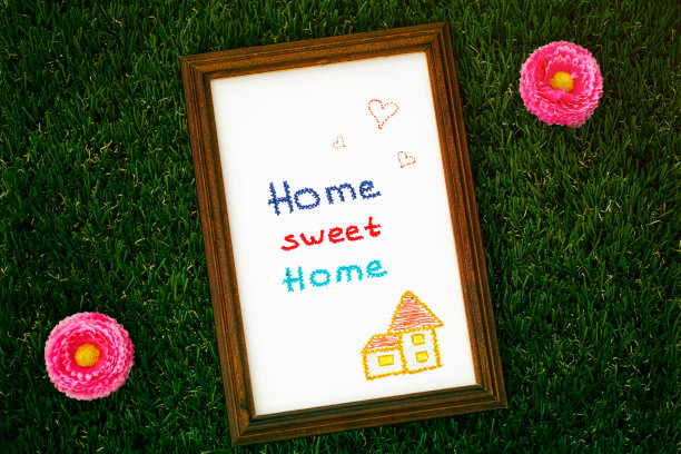 家温馨的家画在木框架上绿草的背景与两朵花。图片下载