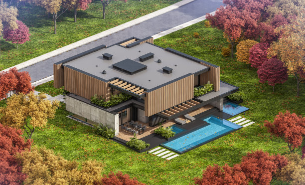 带停车场和游泳池的现代舒适房屋3D渲染，木板外墙和美丽的景观，晴朗的秋日图片下载