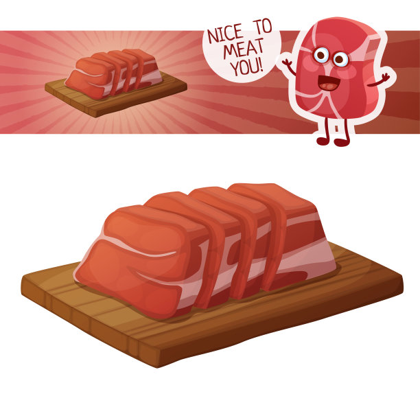 切成薄片的鲜红肉在木板上的图标。矢量插图孤立在白色背景。可爱的卡通人物图片下载