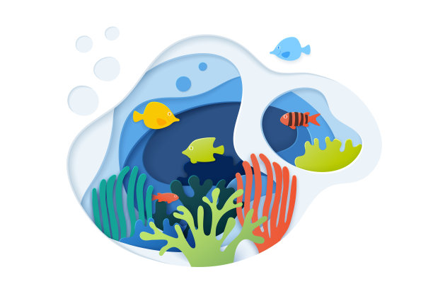 剪纸水下海洋背景与珊瑚礁，颜色的鱼，海藻，泡沫和波浪。剪纸珊瑚礁横幅。海洋野生动物。矢量图图片下载