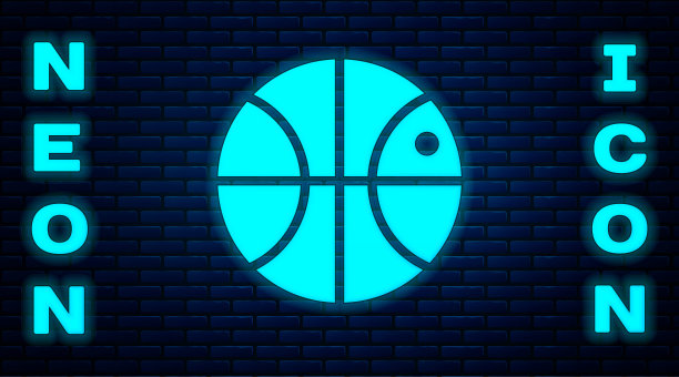 发光的霓虹灯篮球图标孤立在砖墙的背景。运动的象征。矢量图图片下载