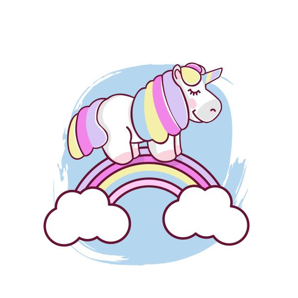 可爱的魔法独角兽和彩虹，设计孤立在白色的背景。打印t恤或贴纸。儿童浪漫手绘插画。矢量图图片下载