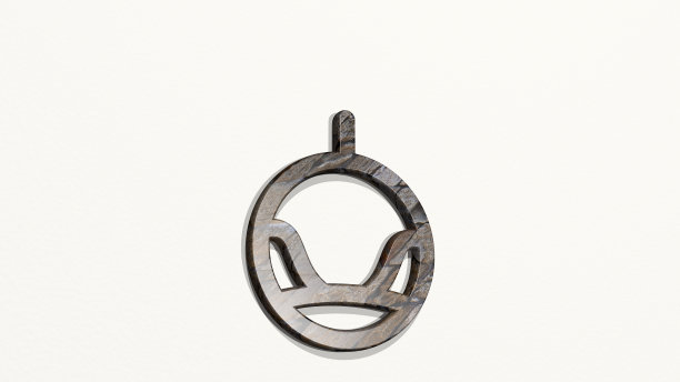 扶手椅挂在墙上。金属雕塑的3D插图在一个白色的背景与温和的纹理。室内设计图片下载