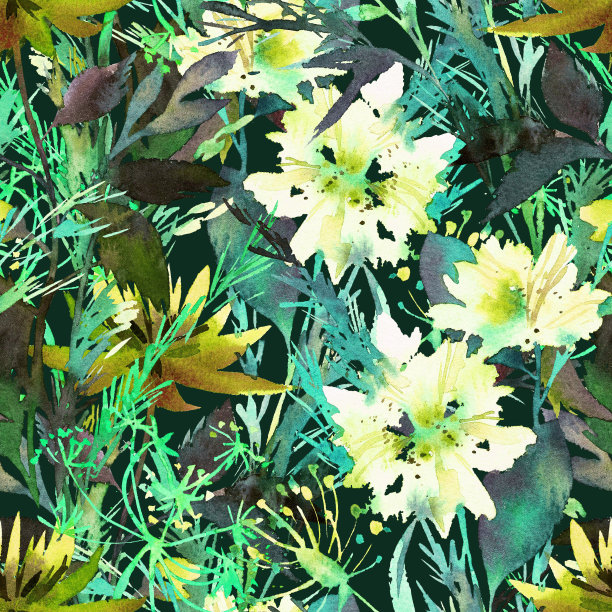 夏天花的背景。水彩画上盛开的大花园花，混合着草药、树叶和草地植物。复古风格。适用于织物和纺织品，任何覆盖范围。图片下载