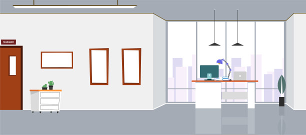 设计了一个工作场所，一个现代的办公室，一个有大窗户的创意办公空间，室内家具平面设计矢量插图，网站横幅图片下载
