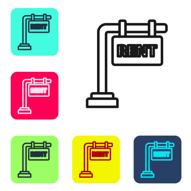 黑线悬挂标志与文本租赁图标隔离在白色背景。标牌上写着“出租”字样。设置图标的颜色方形按钮。矢量图图片下载