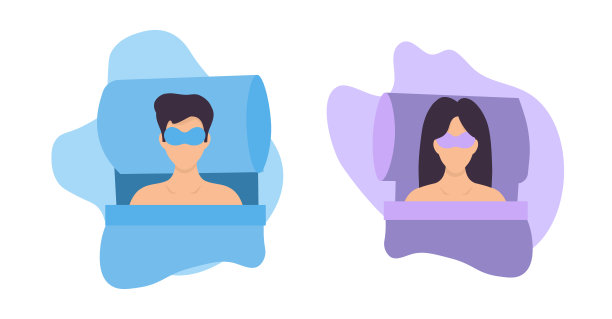 在一个抽象的背景上，一个年轻的女人戴着夜面罩在床上睡觉。矢量插图保健，放松。穆娜戴着一个布面具睡在床上。健康的睡眠概念图片下载