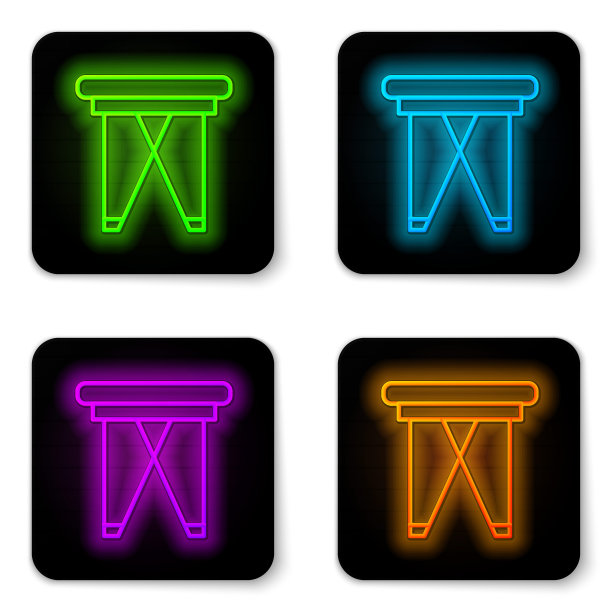 发光的霓虹灯线露营便携式折叠椅图标孤立在白色背景。休息和放松设备。钓鱼的座位。黑色方形按钮。向量图片下载