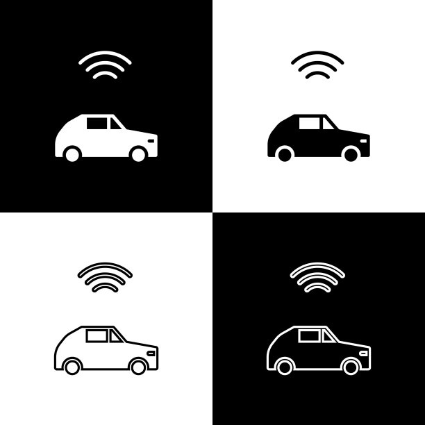 设置智能汽车系统与无线连接图标隔离在黑色和白色背景。向量图片下载