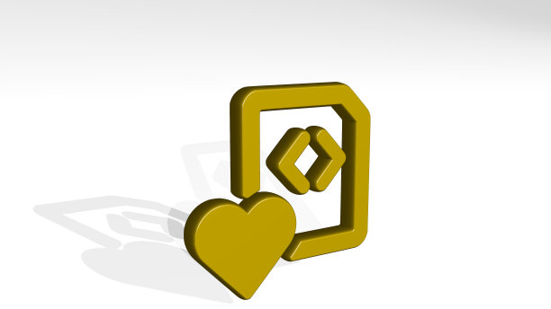 文件代码心从一个透视与阴影。一个用金属材料制作的厚雕塑的3D渲染。插图和图标图片下载