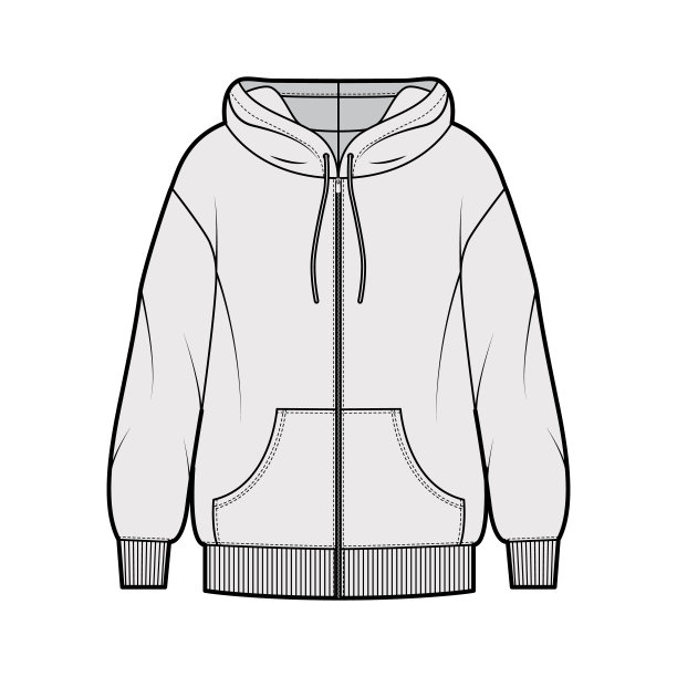 拉链超大棉绒卫衣技术时尚插图与口袋，轻松合身，长袖。平的跳投图片下载