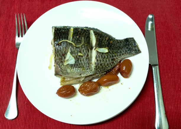 烤箱烤制圣彼得鱼配洋葱和番茄图片下载