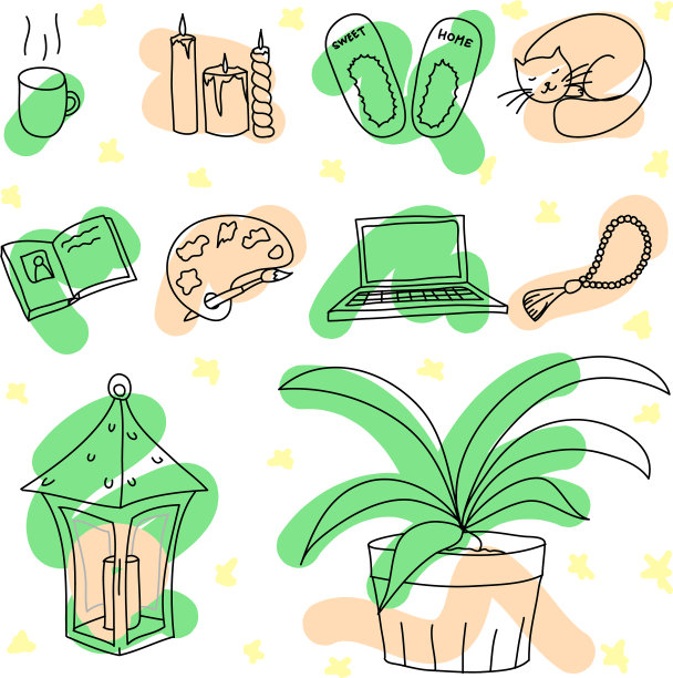 设置10个元素舒适的家庭杯咖啡蜡烛图片下载