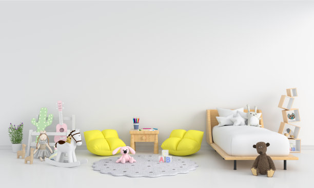白色儿童房室内模型，3D渲染图片下载
