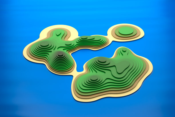 分层的剪纸模型模拟热带岛屿景观与等高线。3d渲染抽象背景。图片下载