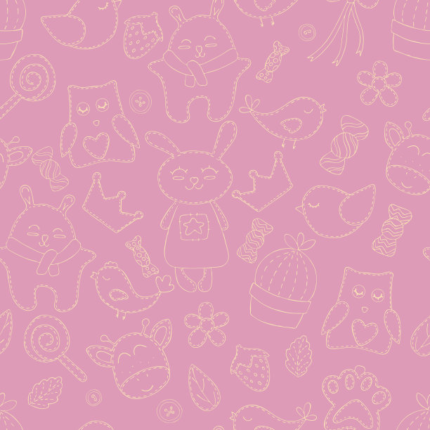 可爱的动物轮廓-野兔，鸟类，皇冠，糖果，矢量无缝模式在粉红色的背景图片下载