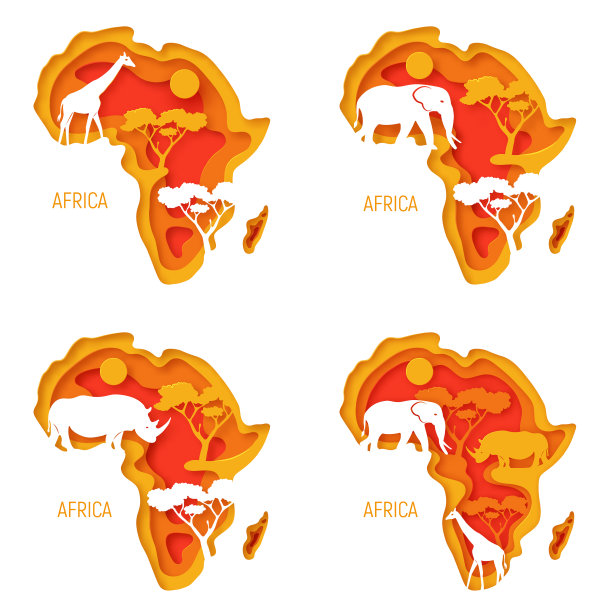 非洲。装饰3d剪纸地图非洲大陆野生动物的剪影-大象，犀牛，长颈鹿。3d剪纸环保设计。矢量图图片下载