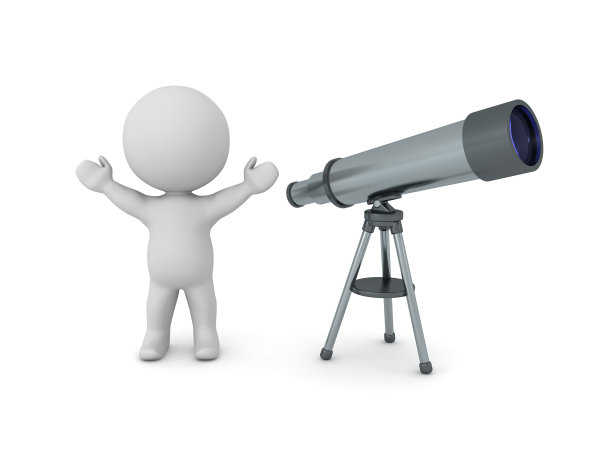 快乐的3D角色旁边的望远镜图片下载