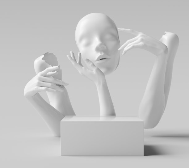 面具雕塑，白色手模型手势破碎部分，化妆品讲台展示概念3d渲染图片下载