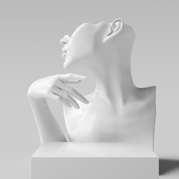 人体耳环珠宝项链展示架。女性胸部手模型和讲台。珠宝展示白色背景。3 d渲染。图片下载