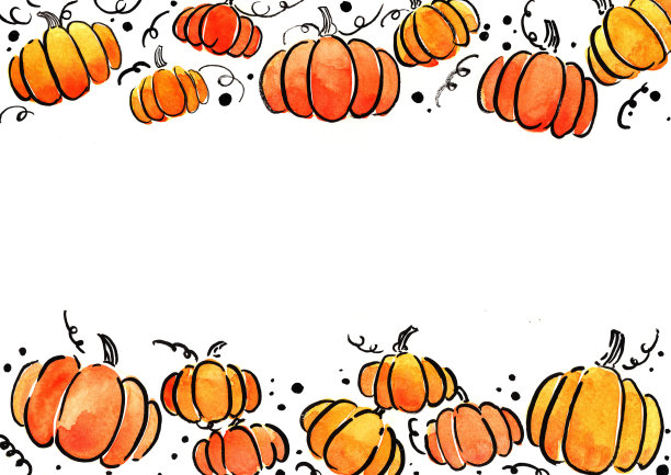 南瓜水彩手画框装饰万圣节和感恩节。图片下载