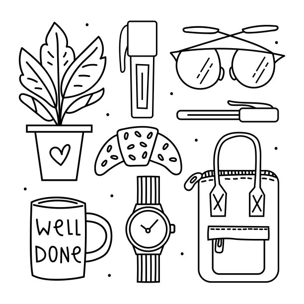 回到学校。办公室员工,文具。剪贴画、套元素、贴纸、邮票。黑色涂鸦矢量线艺术设计。袋子，杯子，时钟，玻璃杯，羊角面包，盆栽，钢笔，马克笔。图片下载