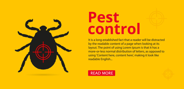 虫害防治网页横幅与文本空间。黄色背景上有一只蜱虫的剪影。小册子，介绍防治螨虫及公园处理方法图片下载