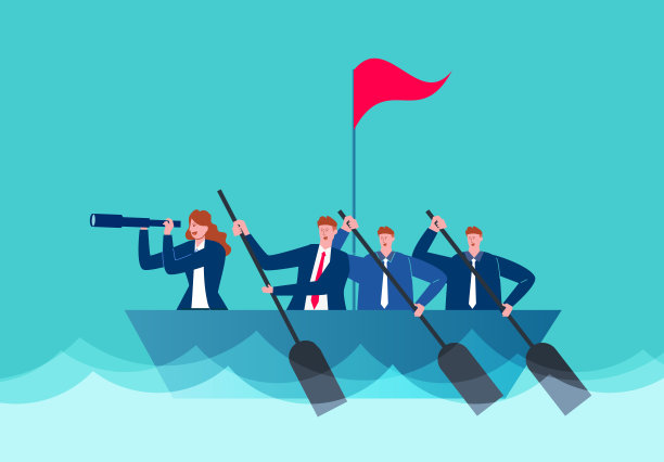 手持望远镜的女领队带领她的团队在海洋中划桨图片下载