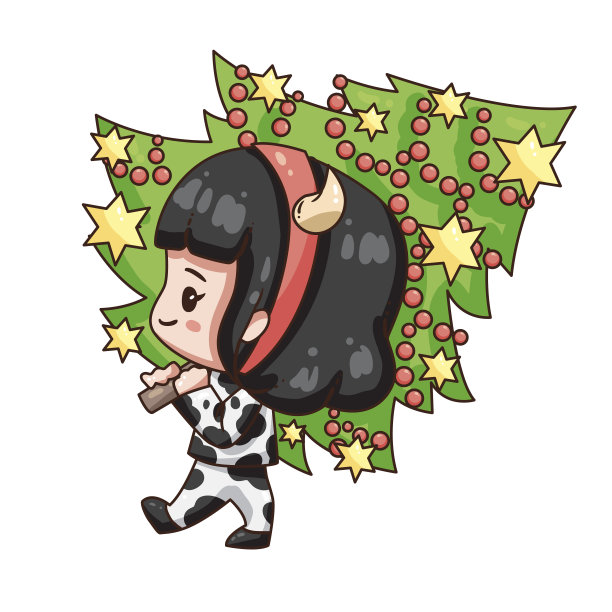 2021年新年，穿着奶牛服装的卡通女孩。图片下载