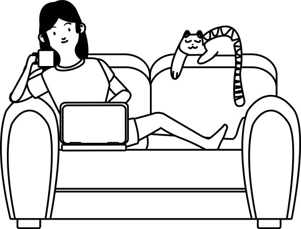 在沙发上用笔记本电脑和猫工作的女人图片下载