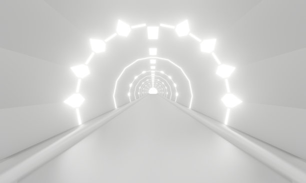 3d渲染抽象白光隧道背景几何在工作室房间。未来主义的室内建筑和现代设计。新展厅走廊的视角。技术科学的概念。图片下载