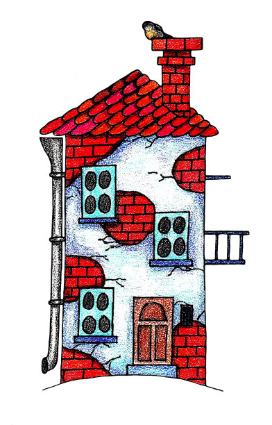 小山丘上的房子，彩色铅笔图片下载